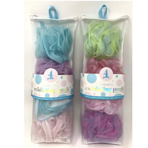 4pk Exfoliating Pouf in Reusable Mesh Bag Spasavvy