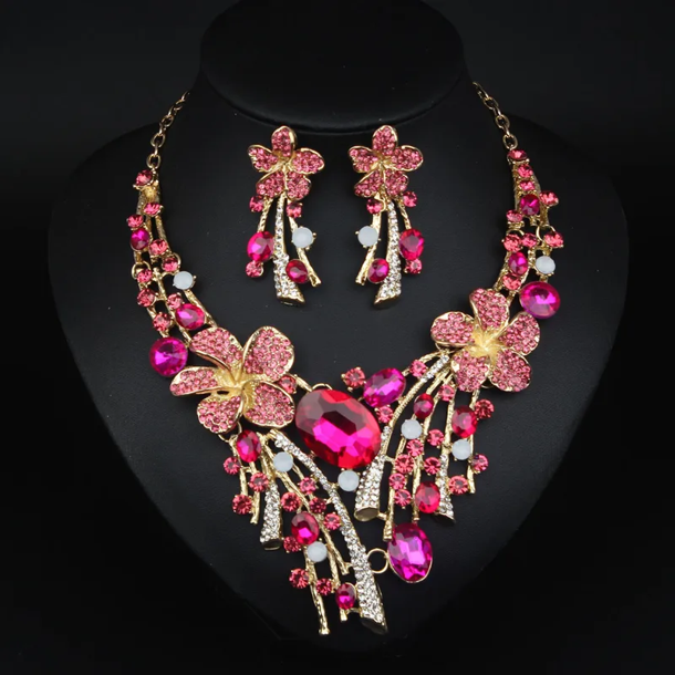 Classical Flower Gemstone Necklace and Earring Set PINK