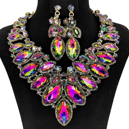 Cloud Oblong Shape Big Chunky Necklace and Earring Set - Iridescent Pink and Green