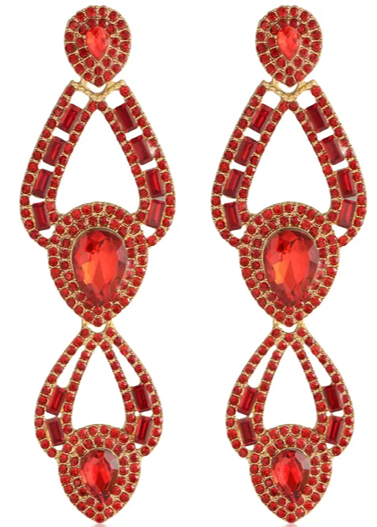 Drop-Shaped Exaggerated Long Rhinestones Earrings - Red