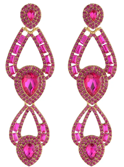 Drop-Shaped Exaggerated Long Rhinestones Earrings - Dark Pink