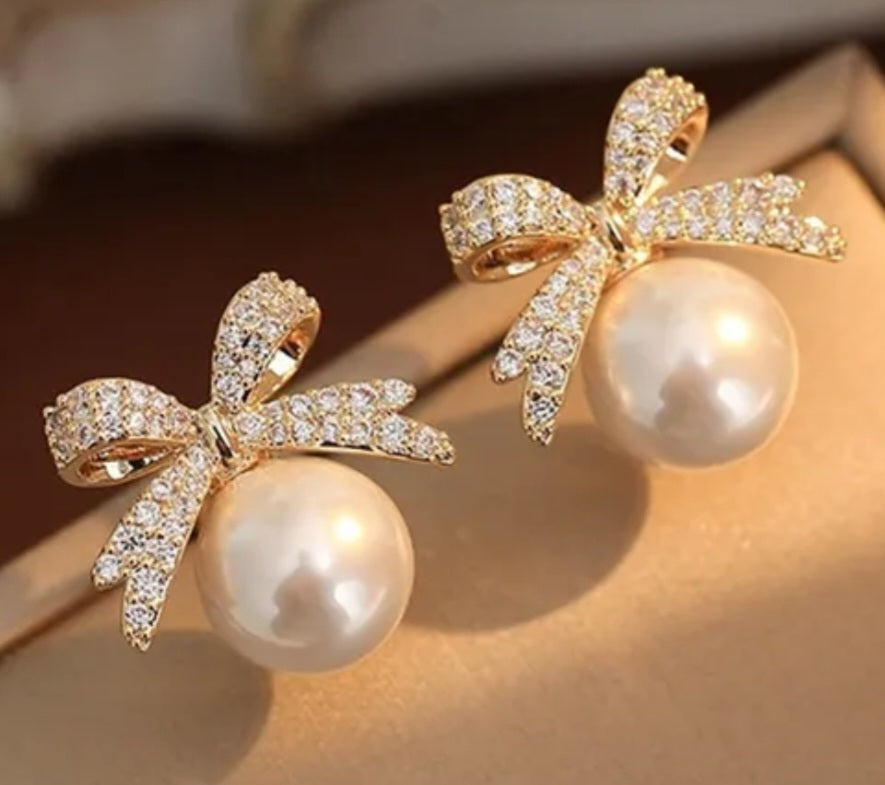 Rhinestone pearl drop bow earrings