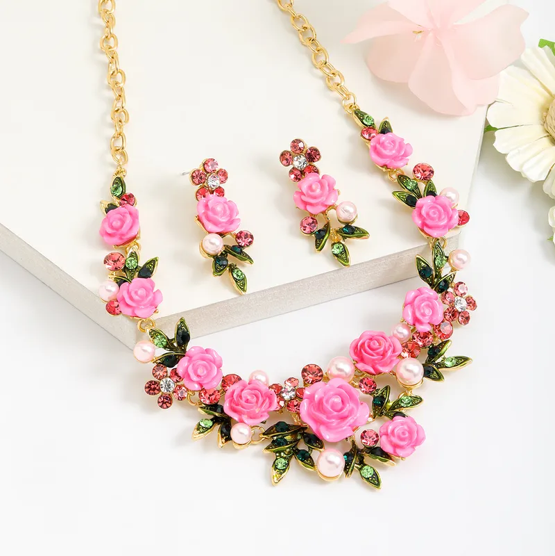 Sweet Flower Pink Rose Necklace and Earrings Set