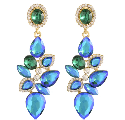 Fashion Water Drop Leaf Rhinestone Versatile Long Earrings- Iridescent BLUE