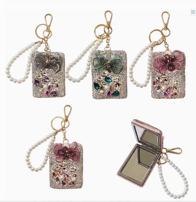 Rhinestone Compact Mirror with Pearl Strap