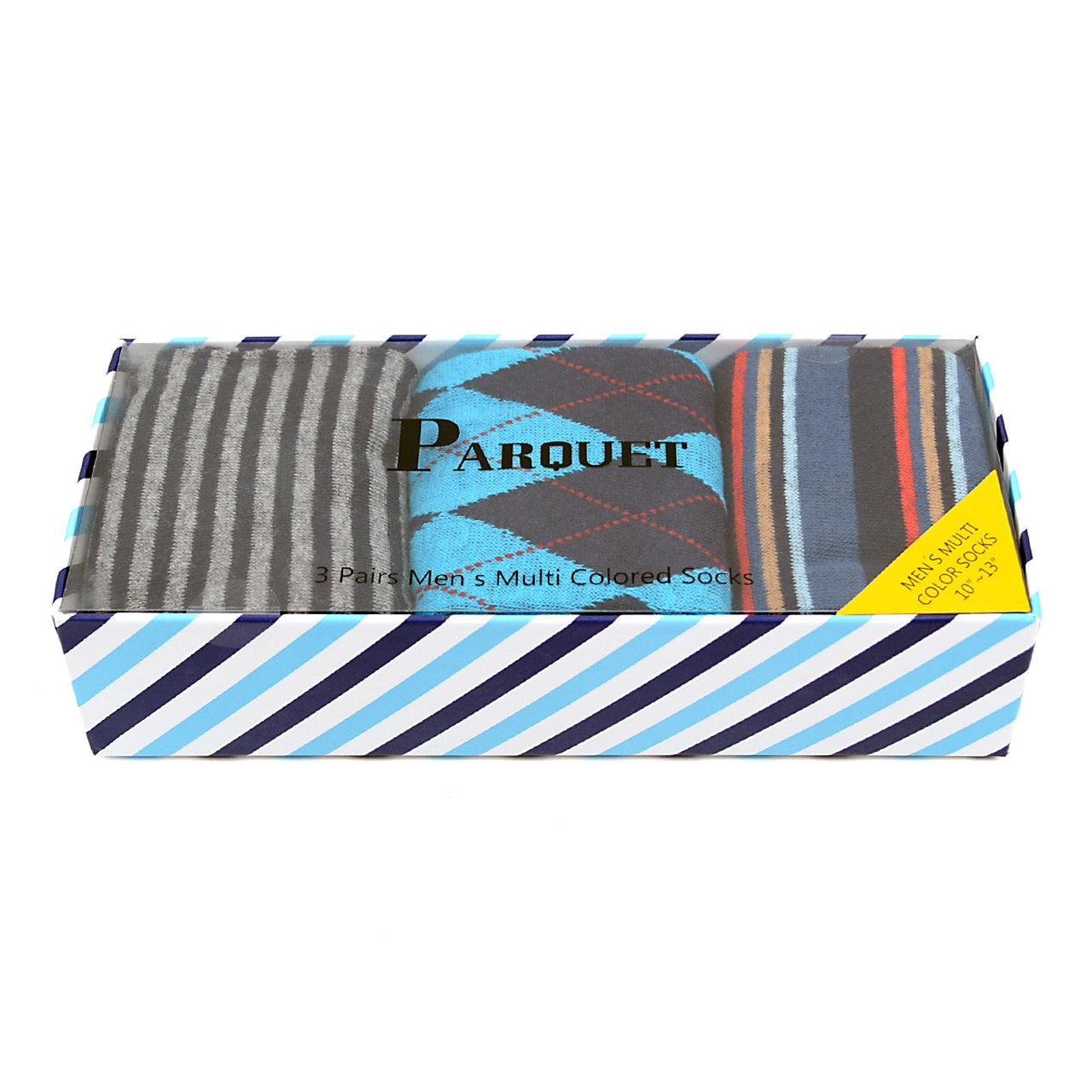 Fancy Multi Colored Socks Striped Gift Box (3 Pairs in Box) - Blue