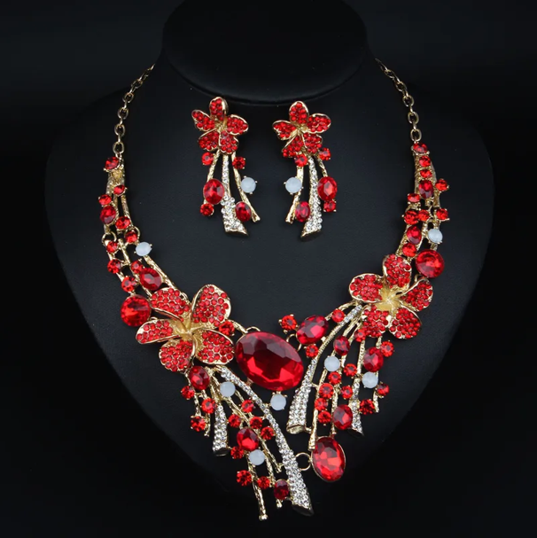 Classical Flower Gemstone Necklace and Earring Set Red