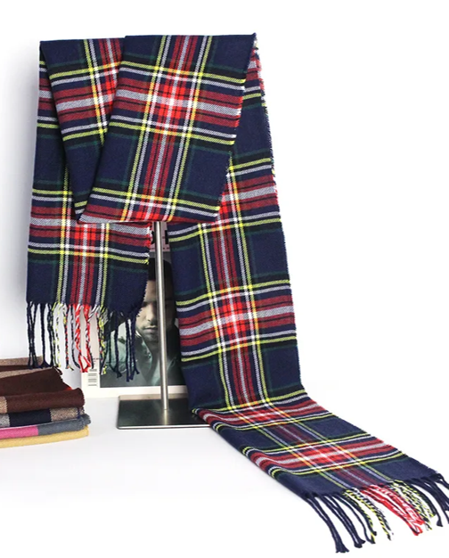 Navy Plaid Imitation Cashmere Patchwork Winter Scarves
