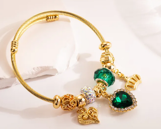 Green Shiny Heart Shape Stainless-Steel Gold-Plated Rhinestones Bracelet