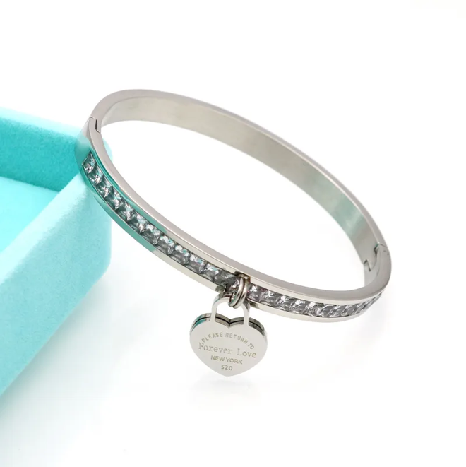 Love Letter Heart Shape Titanium Rhinestone Steel Bracelet