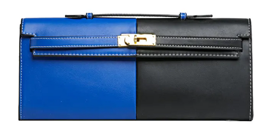 Women's Medium Pu Leather Color Block Vintage Style Classic Square Lock Clasp Handbag BLUE & BLACK
