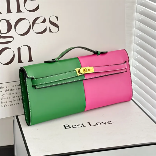 Women's Medium Pu Leather Color Block Vintage Style Classic Square Lock Clasp Handbag PINK & GREEN