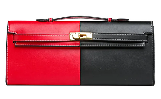 Women's Medium Pu Leather Color Block Vintage Style Classic Square Lock Clasp Handbag RED & BLACKN