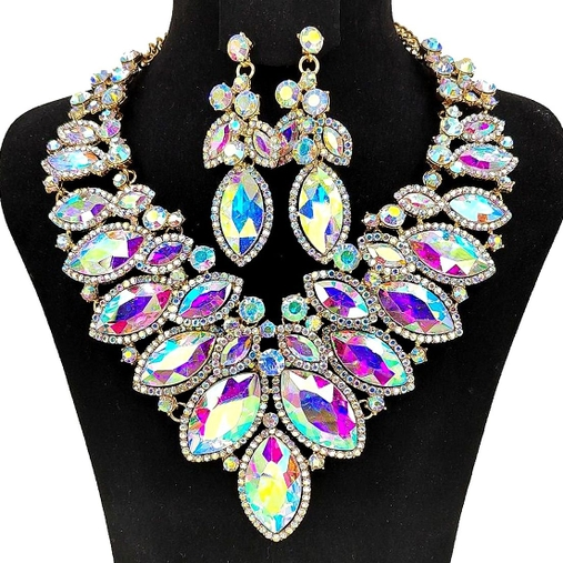 Cloud Oblong Shape Big Chunky Necklace and Earring Set - Iridescent Color
