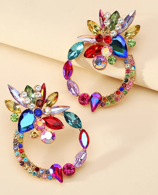 Colorful Retro Luxurious Ethnic Style Round Flower Layered Hollow Out Inlay Zinc Alloy Glass Ear Studs