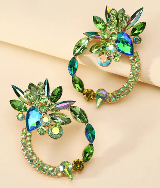 Green Retro Luxurious Ethnic Style Round Flower Layered Hollow Out Inlay Zinc Alloy Glass Ear Studs