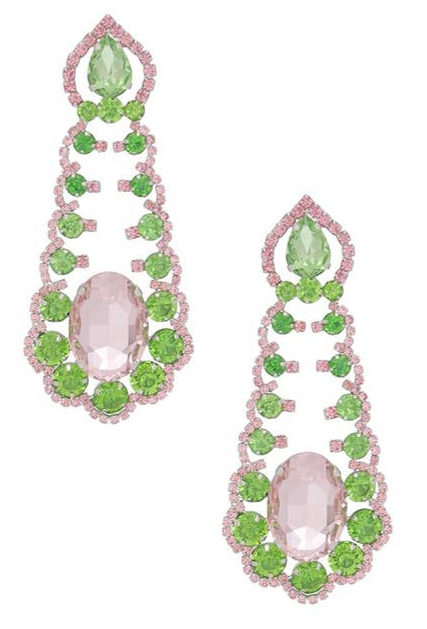 Ruffled Pink and Green Rhinestone Drop Earrings