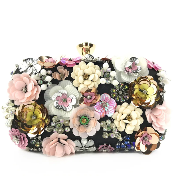 Black Satin Flower Square Evening Bags
