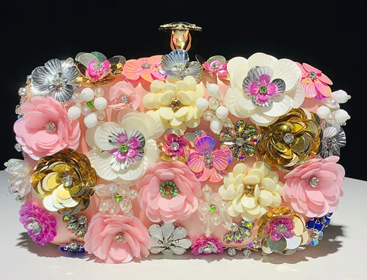 Pink Satin Flower Square Evening Bags