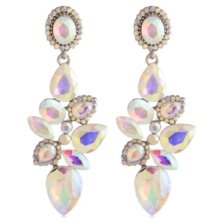 Fashion Water Drop Leaf Rhinestone Versatile Long Earrings- Iridescent