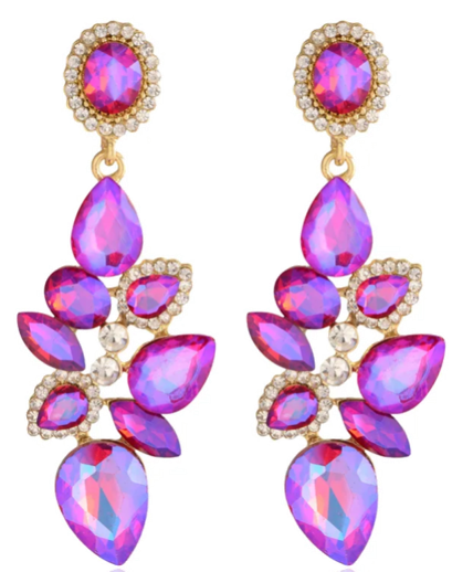 Fashion Water Drop Leaf Rhinestone Versatile Long Earrings- Iridescent Purple