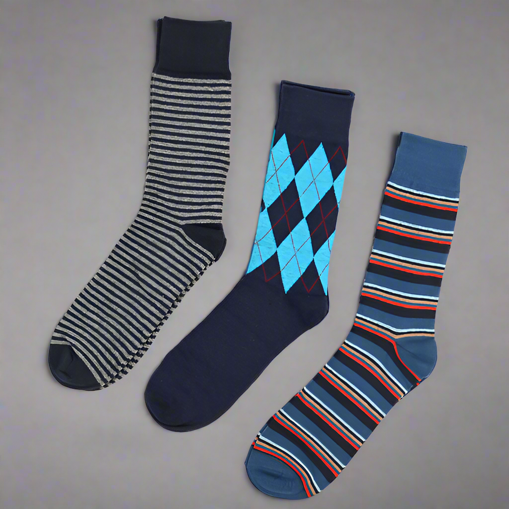 Fancy Multi Colored Socks Striped Gift Box (3 Pairs in Box) - Blue