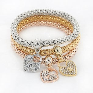 Fashionable All Match Jewelry Rhinestone Love Pendant Stretch Bracelet 3 Sets