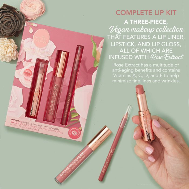 Rachel Couture Vegan 3 pc Complete Lip Kit - ROSE