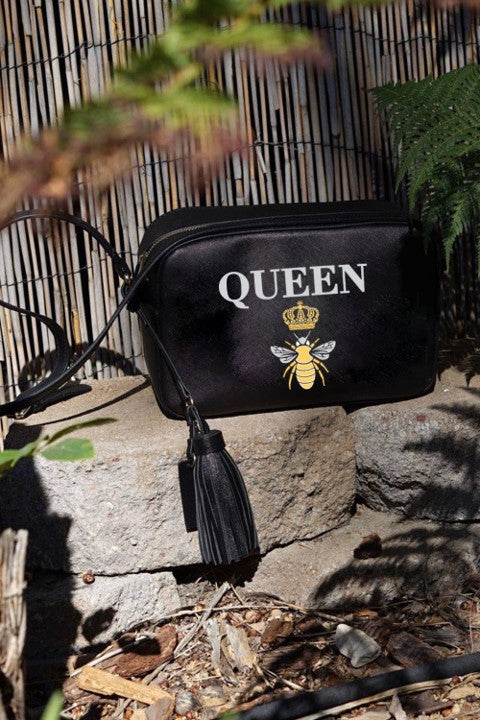 Trendy Multi Graffiti Queen Bee Stripe 2-in-1 Boxy Satchel - Black/Gold sale